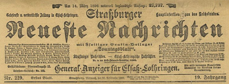 L'édition des "Straßburger Neueste Nachrichten" ancêtre des Dernière Nouvelles d'Alsace du 30 octobre 1896