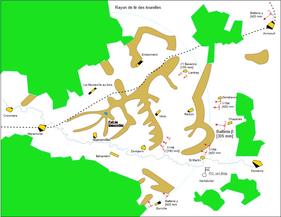 Le siège du Fort de Manonviller : positions de l'artillerie allemande